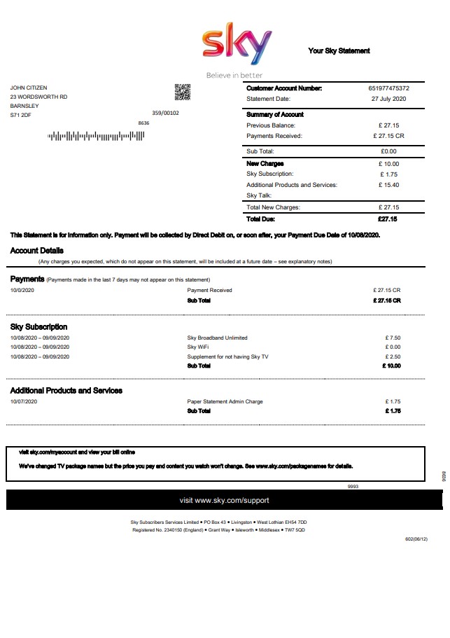 United Kingdom Sky utility bill statement template in Word and PDF format